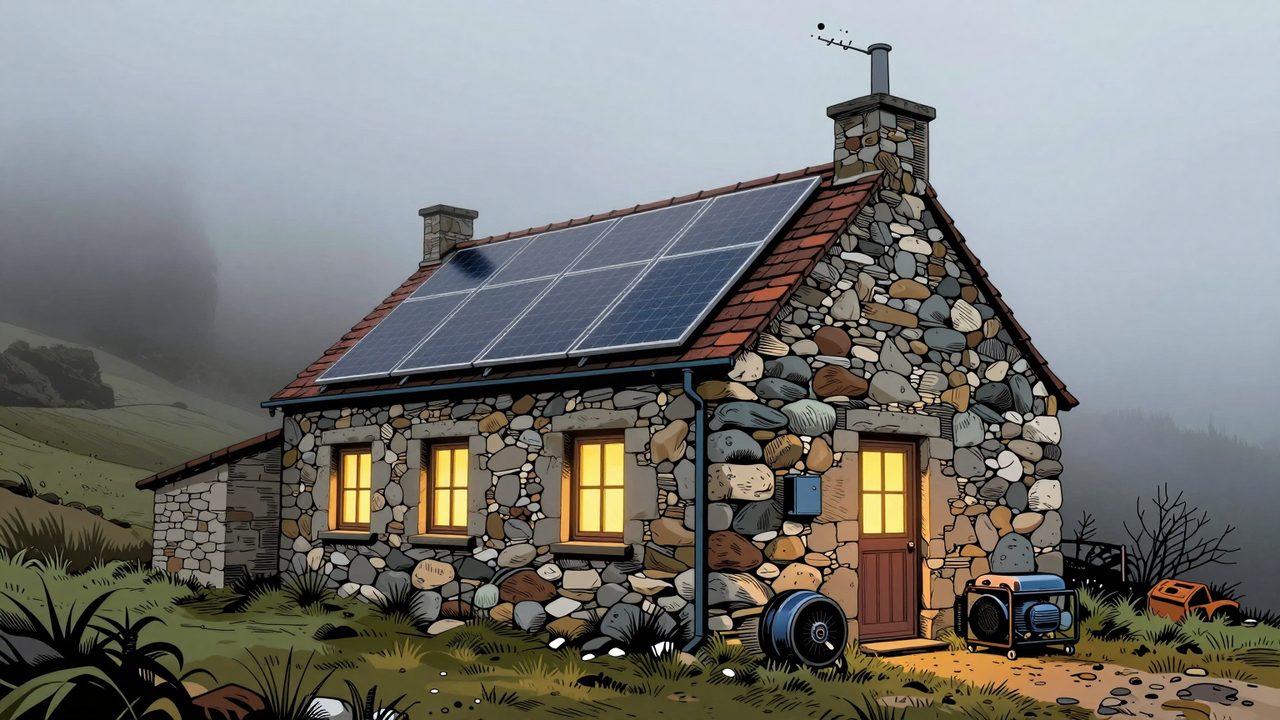 Ilustración de una casa de piedra aislada entre la niebla, con paneles solares apenas visibles y un generador diésel junto a la puerta