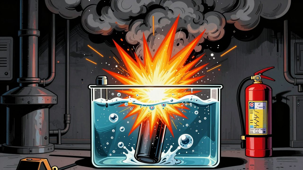 Ilustración de una celda de litio reaccionando dentro de un tanque de agua, con chispas, burbujas y una gran nube de humo gris tóxico junto a un extintor rojo