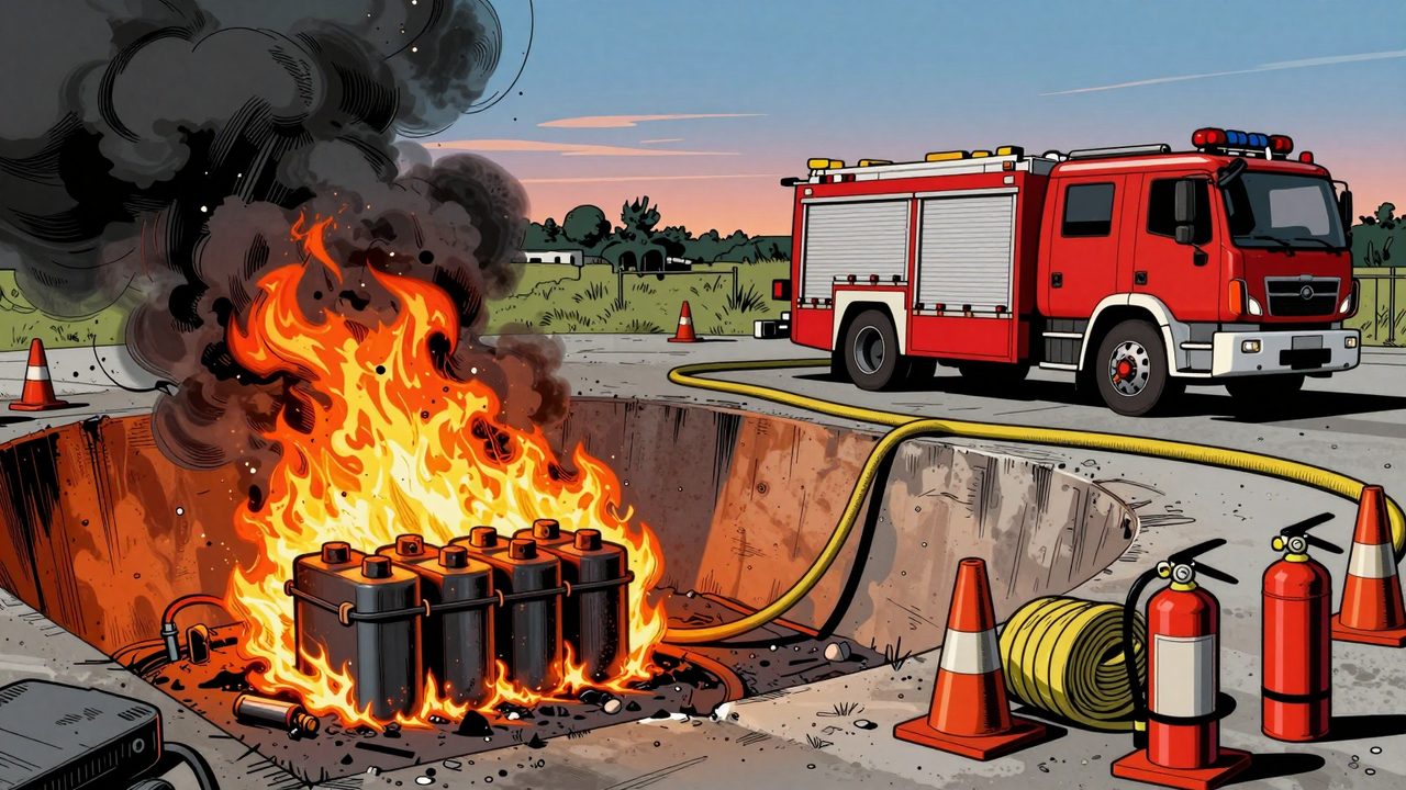 Ilustración de una batería ardiendo dentro de un foso de pruebas de hormigón al atardecer, con un camión de bomberos, conos de seguridad y un extintor preparados cerca