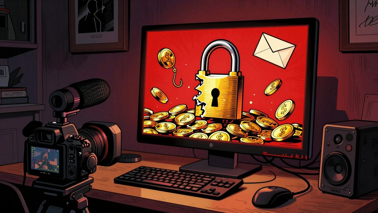 Ilustración de un estudio de vídeo casero de noche, con una pantalla roja que muestra un candado roto y monedas doradas, y un anzuelo que cuelga de un sobre