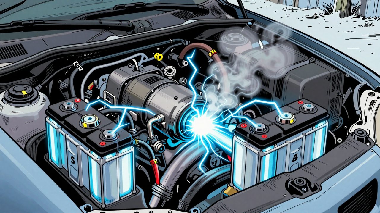 Ilustración del motor de un coche en una mañana helada con una batería y supercondensadores lanzando un potente chispazo eléctrico para arrancar