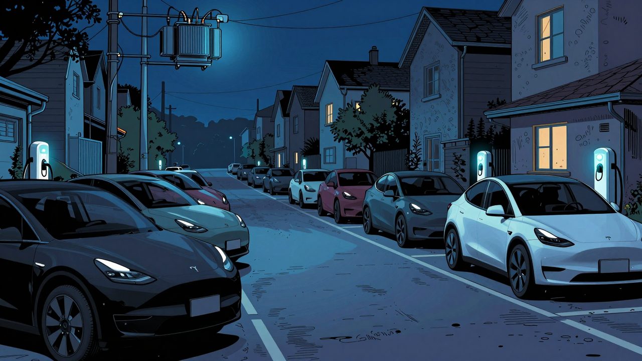 Ilustración de una calle nocturna llena de coches eléctricos aparcados, de los que solo unos pocos están cargando bajo un transformador tranquilo