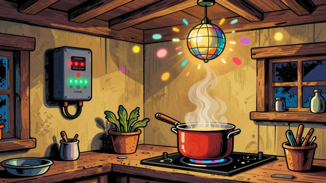 Ilustración de una cocina de una casa aislada en la que una placa de inducción hace parpadear las luces como en una discoteca mientras el inversor se vuelve loco