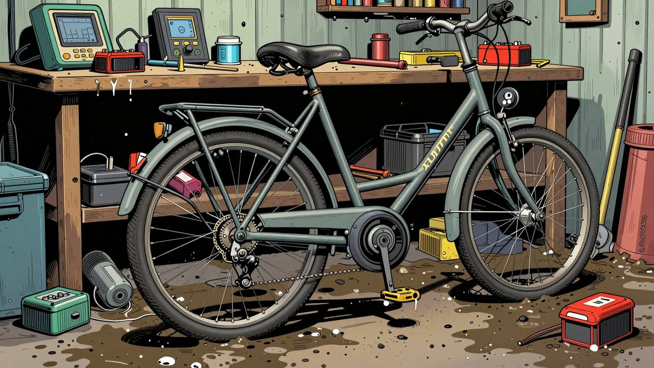 Ilustración de un banco de taller con una bicicleta convertida en eléctrica usando piezas de patinete