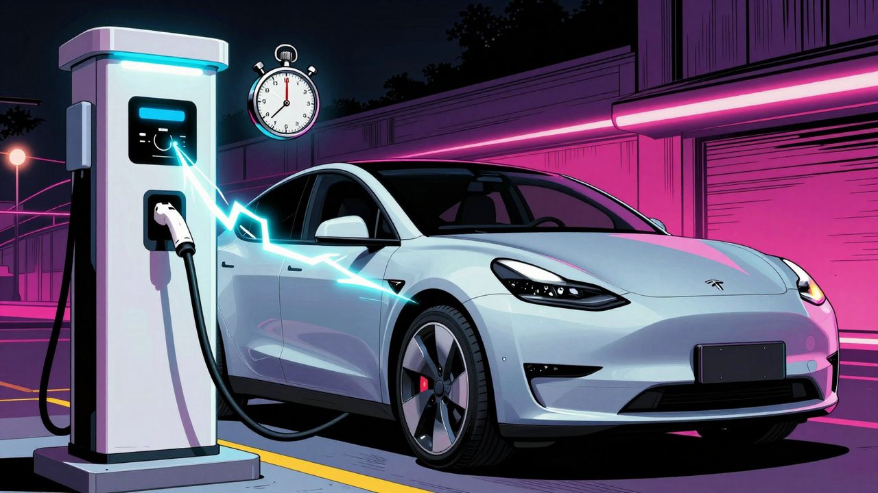 Ilustración de un coche eléctrico conectado a un cargador ultrarrápido con rayos de energía y un cronómetro flotando encima