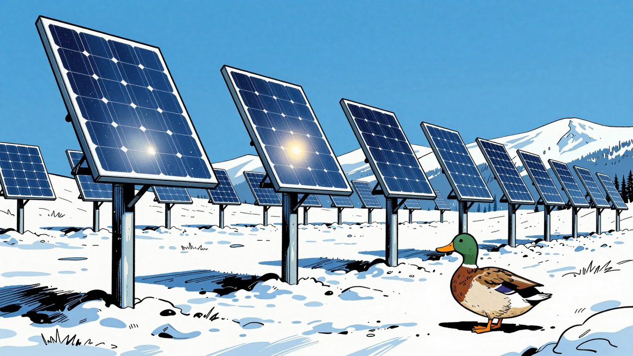 Ilustración de una fila de paneles solares verticales en un prado nevado con un pato caminando a su lado