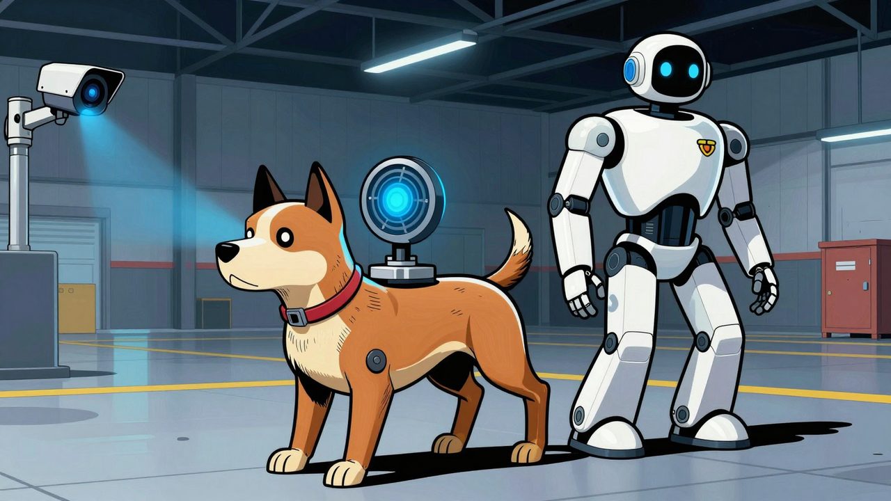 Ilustración de un perro robot y un robot humanoide haciendo una ronda de vigilancia nocturna en un almacén vacío