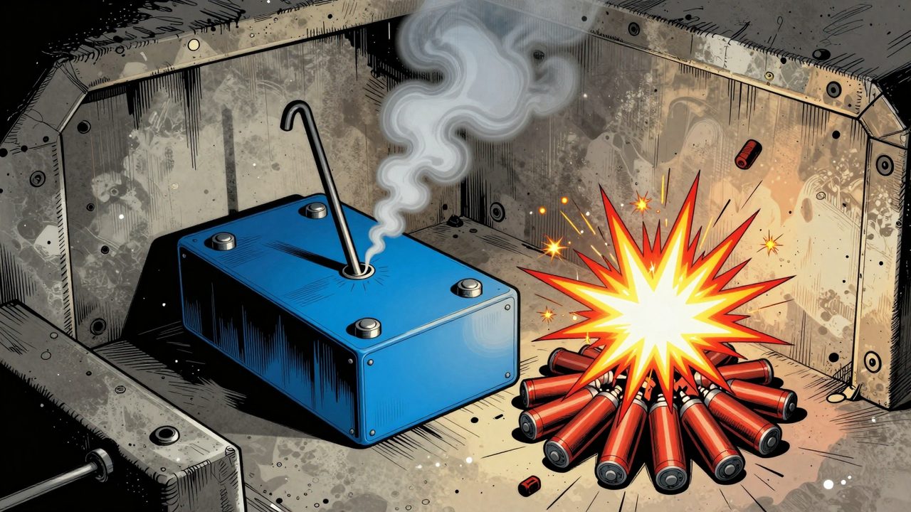 Ilustración de una gran celda de batería azul atravesada por un pico que apenas echa humo, junto a un montón de pilas cilíndricas pequeñas que estallan como petardos