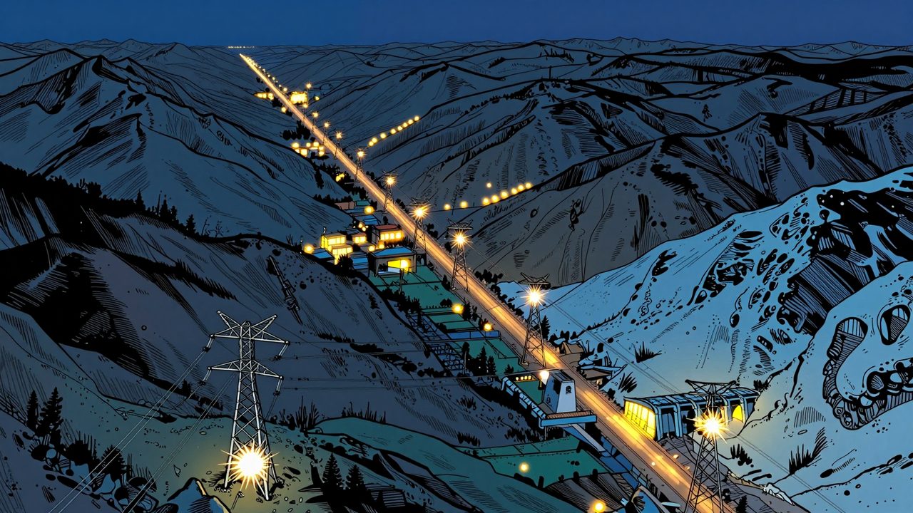 Ilustración de una línea de alta tensión que recorre de noche un país largo y estrecho, con chispas que saltan de torre en torre mientras las ciudades se apagan y solo brillan unas presas del sur