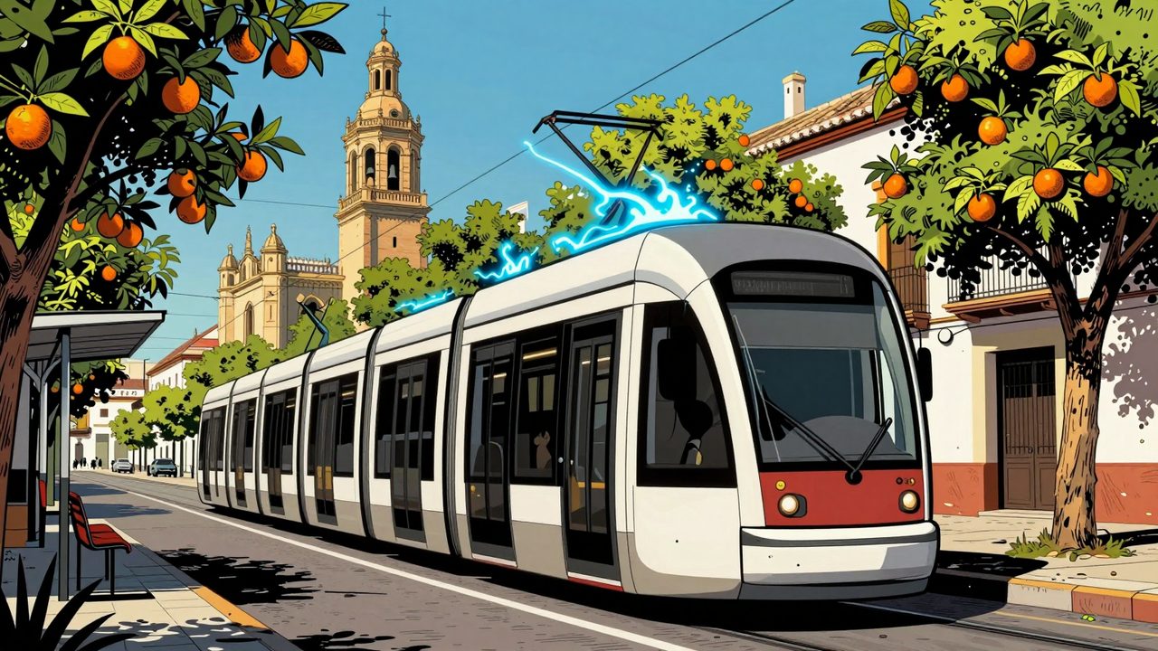 Ilustración de un tranvía moderno sin cables aéreos recargándose con un destello azul en una parada de una calle histórica con naranjos y el campanario de una catedral al fondo