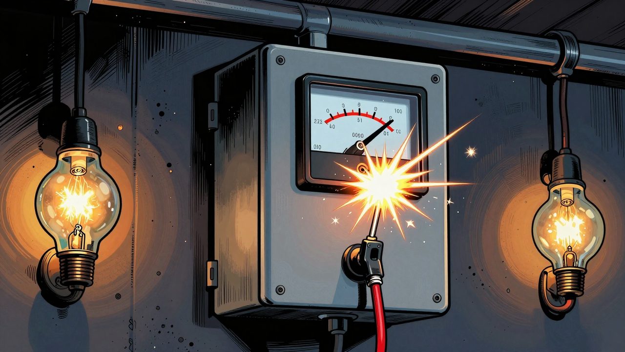 Ilustración de una batería doméstica en un garaje a oscuras que suelta una chispa mientras el indicador de tensión se dispara y se apagan las luces