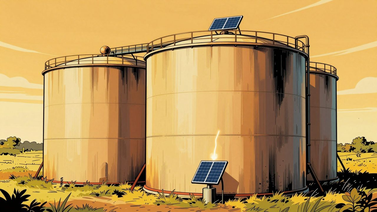 Ilustración de un enorme depósito con forma de batería casi vacío que una única placa solar diminuta intenta llenar con un hilillo de energía