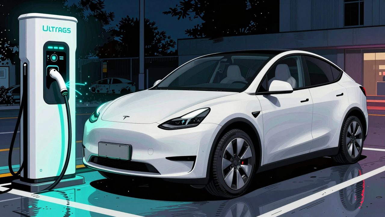 Ilustración de un coche eléctrico cargando de noche en un cargador ultrarrápido, con chispas azules en el cable y una cámara que vigila desde el interior vacío