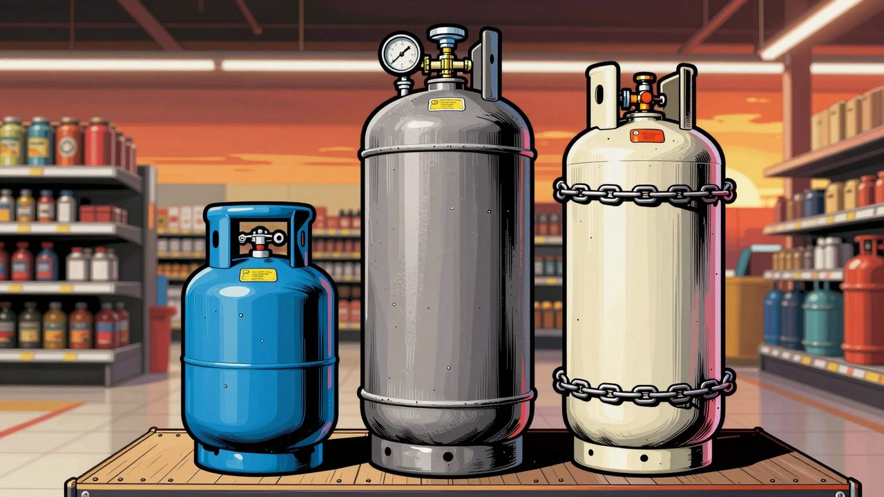 Ilustración de tres bombonas de refrigerante alineadas en el muelle de carga de un supermercado: una pequeña azul, una enorme de acero con manómetros y otra encadenada