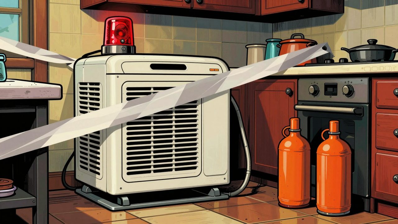 Ilustración de una cocina donde un pequeño aire acondicionado está acordonado con cinta y luces de alarma, mientras dos bombonas de butano descansan tranquilas junto a los fogones