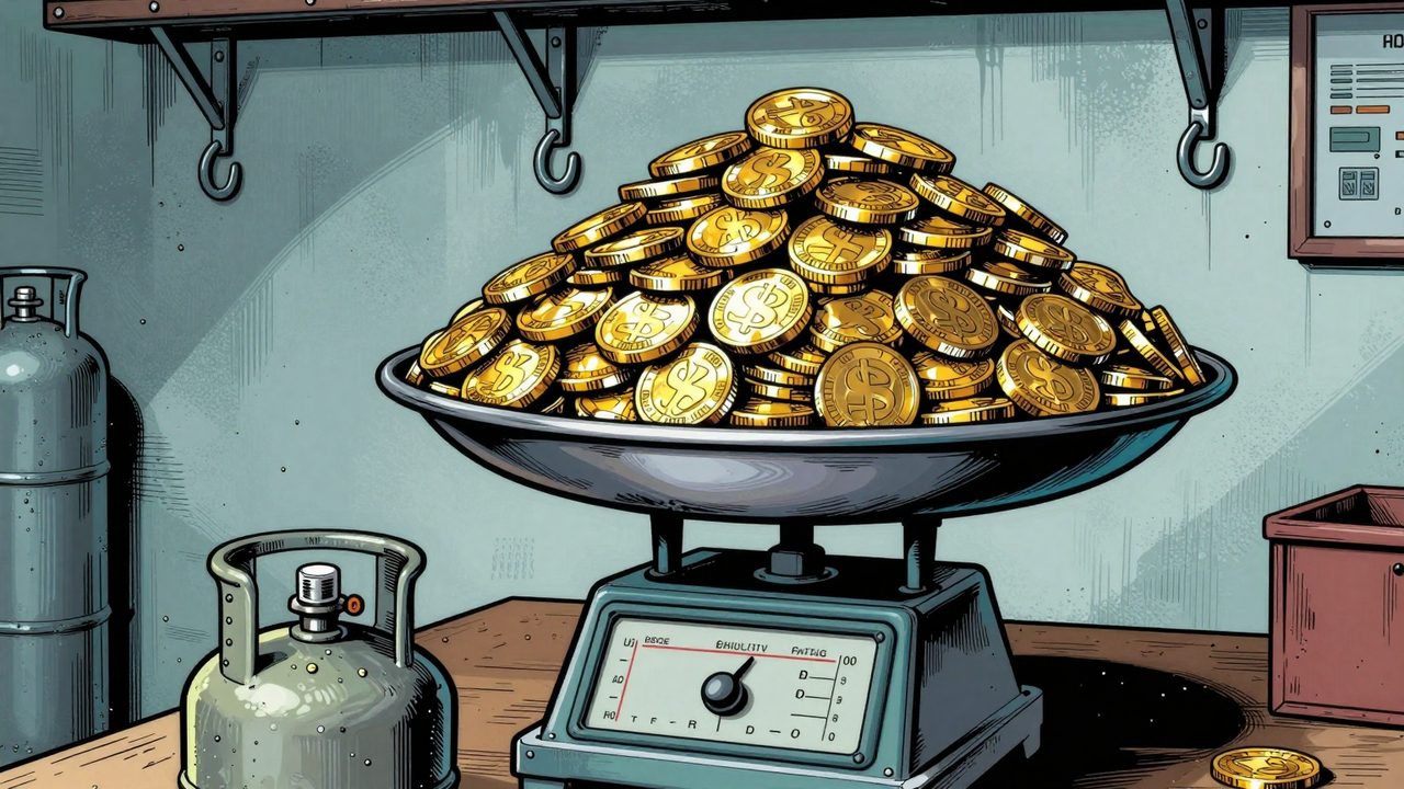 Ilustración de una bombona de gas refrigerante en una balanza antigua, superada por una montaña de monedas de oro, dentro de una cámara frigorífica industrial escarchada
