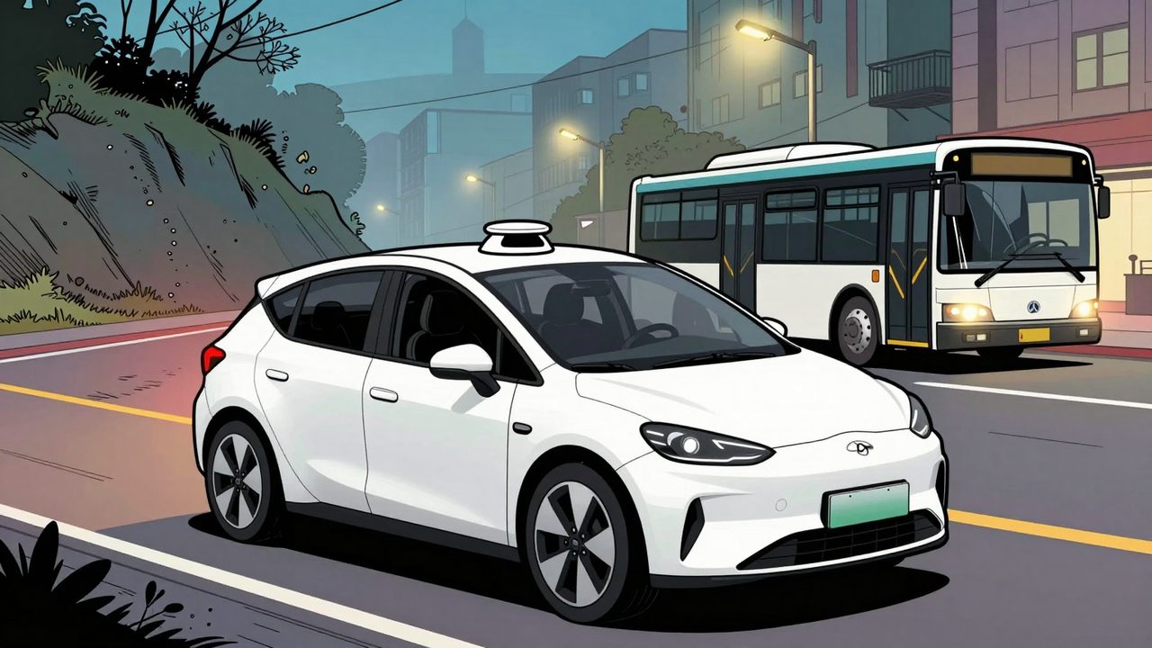 Ilustración de un coche eléctrico autónomo sin conductor bajando por una calle empinada y con niebla al atardecer, con un autobús casi vacío detrás