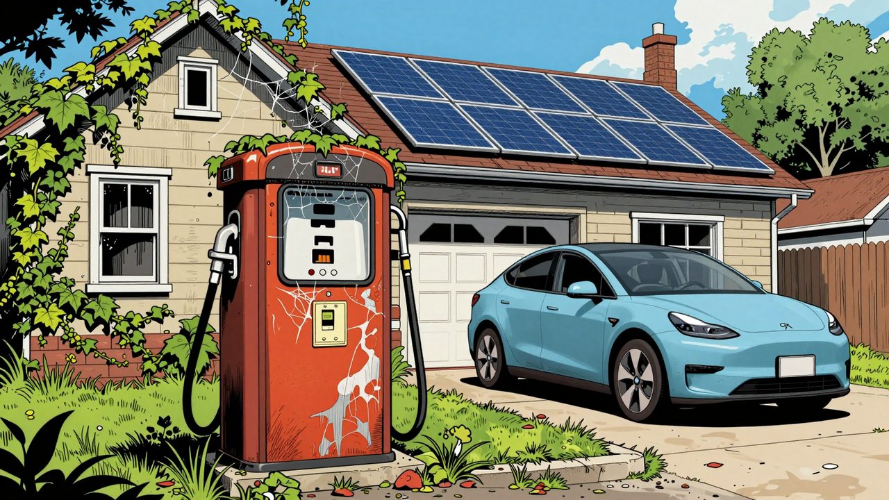 Ilustración de un surtidor de gasolina abandonado y lleno de telarañas junto a una casa con placas solares donde se carga un coche eléctrico