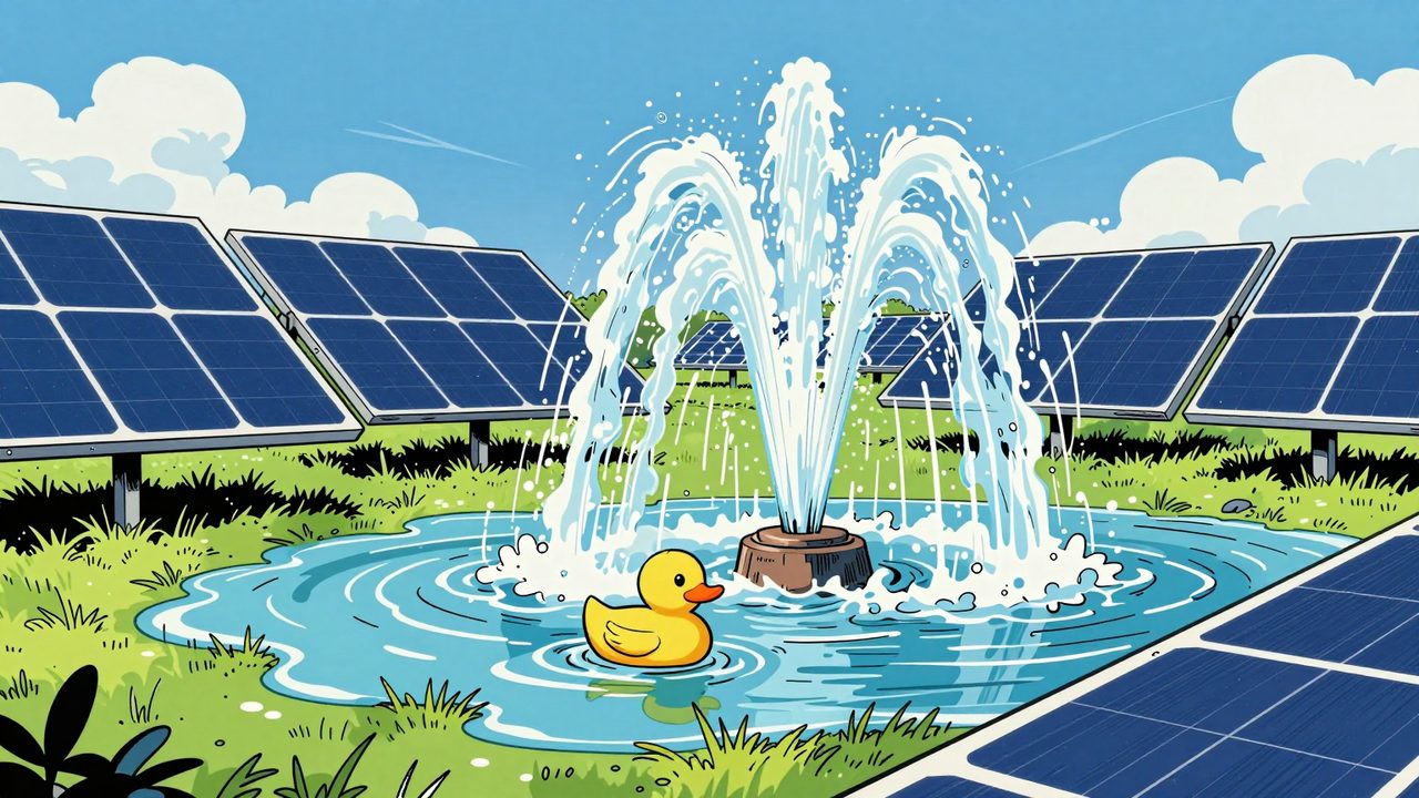 Ilustración de una fuente gigante que inunda un huerto solar a mediodía con un patito de goma flotando entre las placas