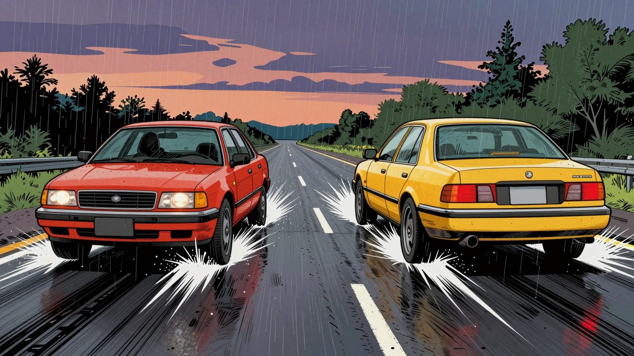 Ilustración de dos coches frenando sobre asfalto mojado: uno derrapa de lado dejando largas marcas de neumático y el otro se detiene recto y en poca distancia