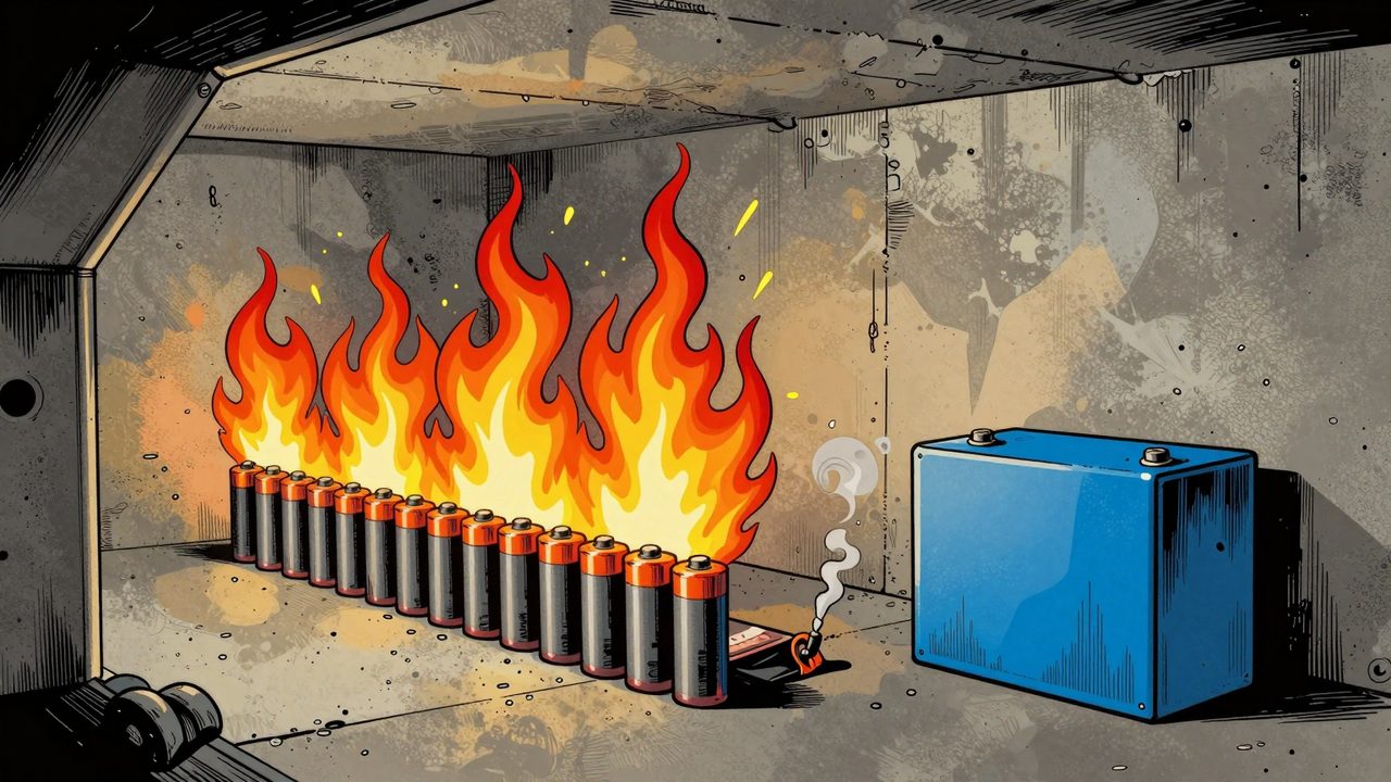 Ilustración de una prueba de fuego en un búnker: unas pilas cilíndricas lanzan llamaradas, una celda plana solo humea y un bloque de batería azul sigue intacto