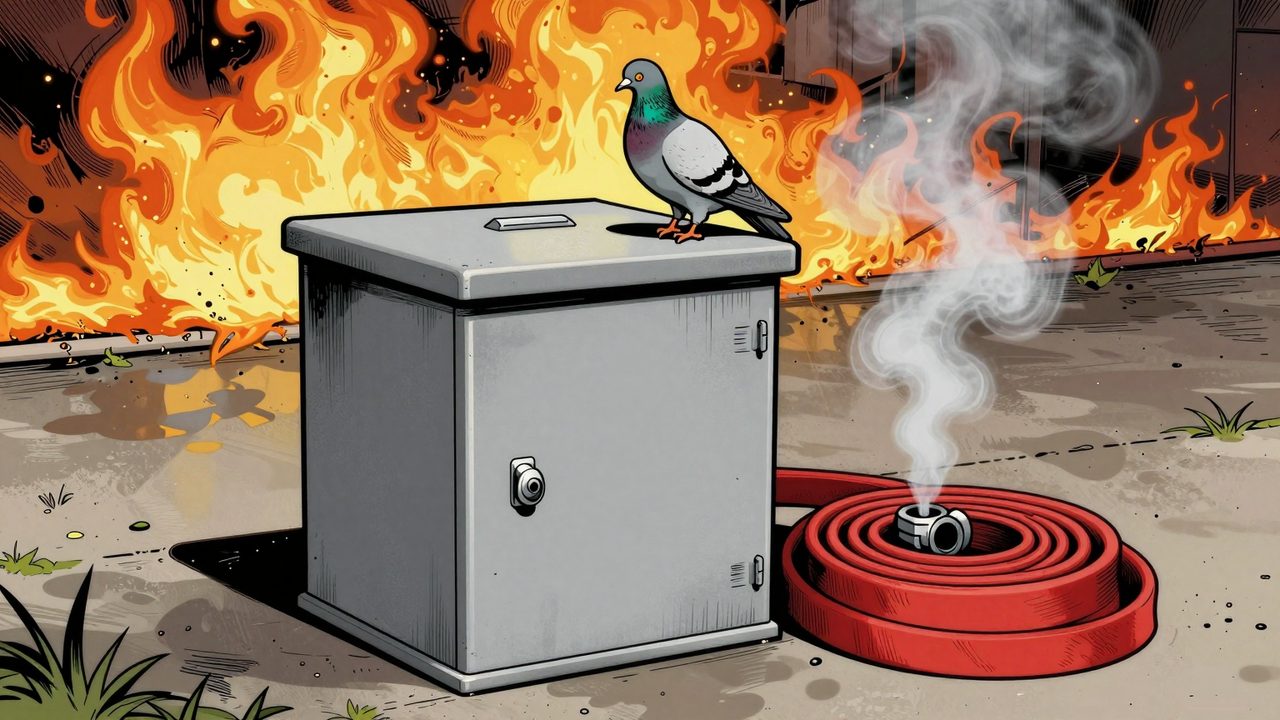 Ilustración de una batería chamuscada pero intacta tras una prueba de fuego, con una manguera de bomberos al lado y una paloma aburrida encima