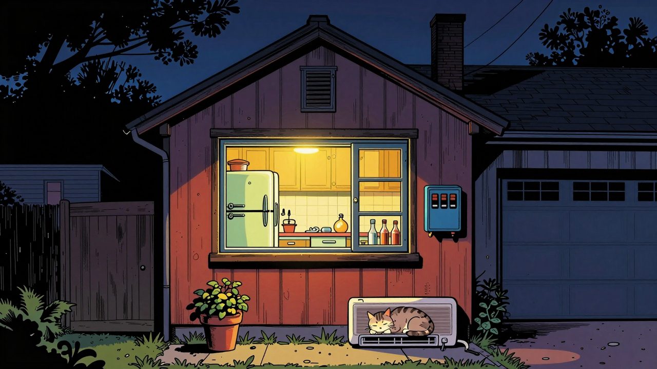 Ilustración de una casa iluminada con batería en el garaje, rodeada de un barrio completamente a oscuras durante el apagón