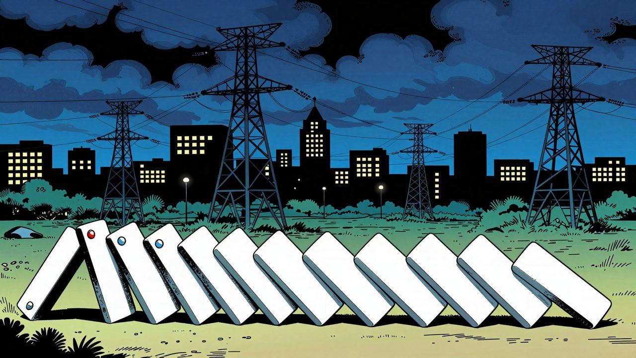 Ilustración de una hilera de torres eléctricas cayendo como fichas de dominó mientras una ciudad lejana se queda a oscuras
