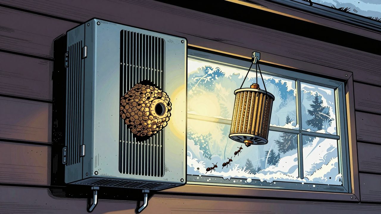 Ilustración de un inversor solar abierto con un nido de avispas y una fila de hormigas entrando a buscar el calor en invierno