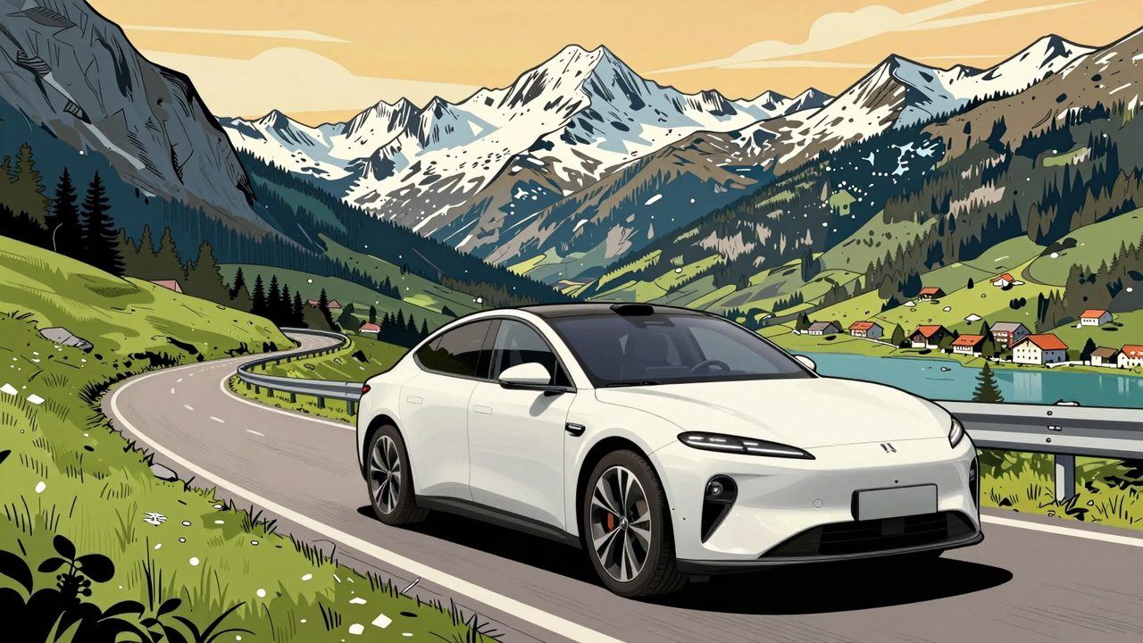 Ilustración de un coche eléctrico blanco recorriendo una carretera de montaña en los Alpes al atardecer