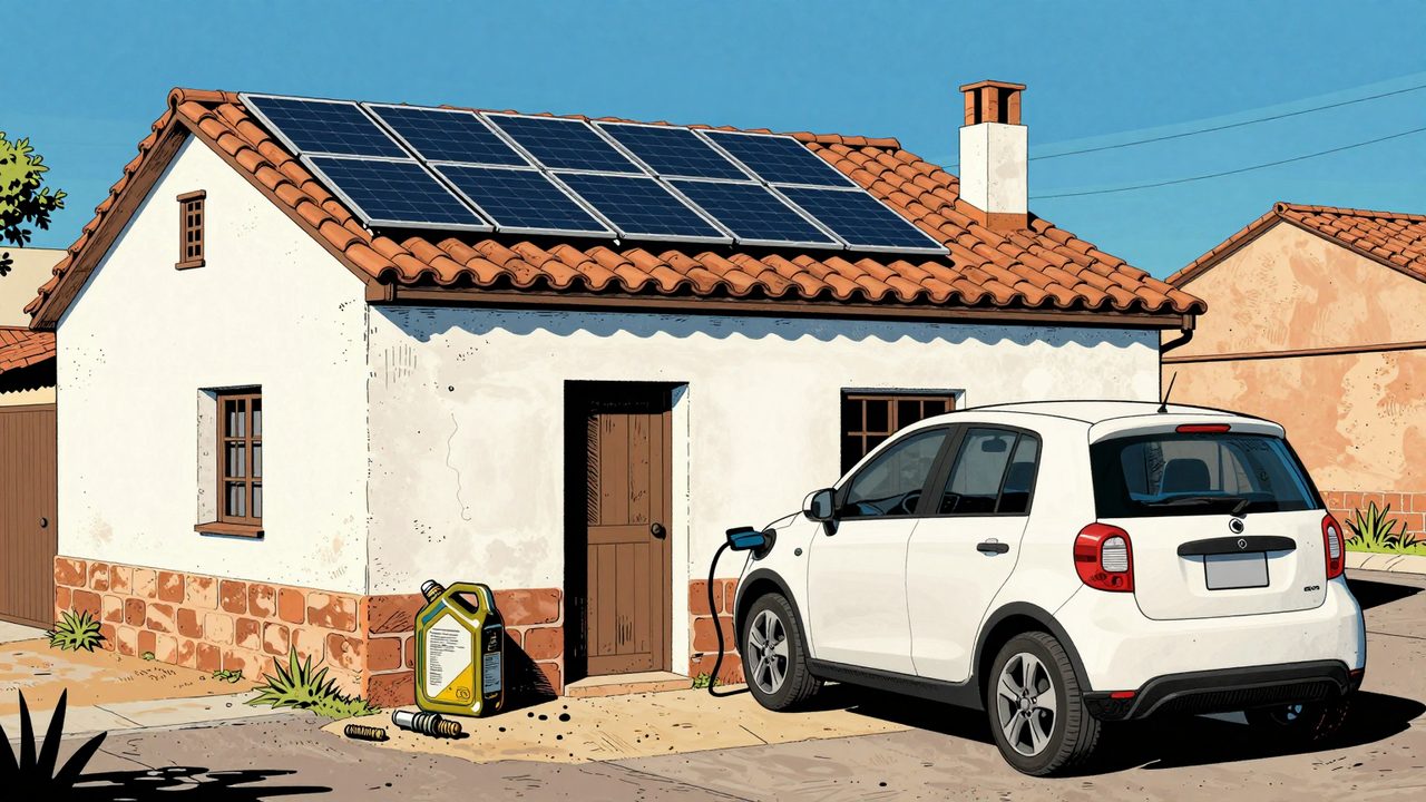 Ilustración de una casa con placas solares y un coche eléctrico cargando, con una lata de aceite y bujías olvidadas en un rincón