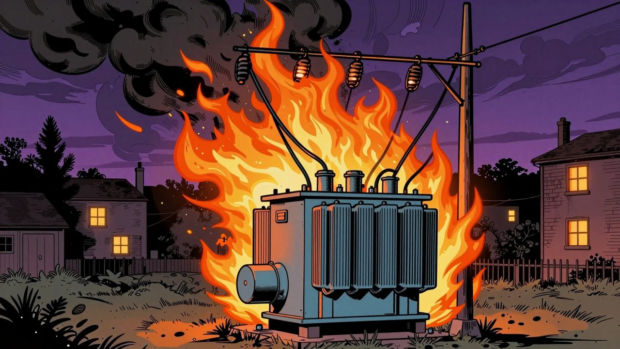 Ilustración de una subestación eléctrica al atardecer con un transformador ardiendo y un pueblo cercano con las luces parpadeando