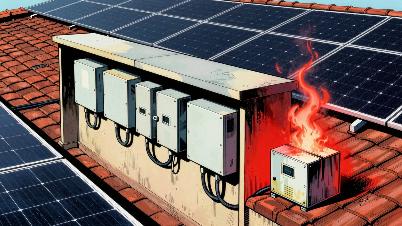 Ilustración de un tejado con placas solares y microinversores ordenados en un armario a la sombra, mientras uno olvidado bajo un panel echa humo por el calor