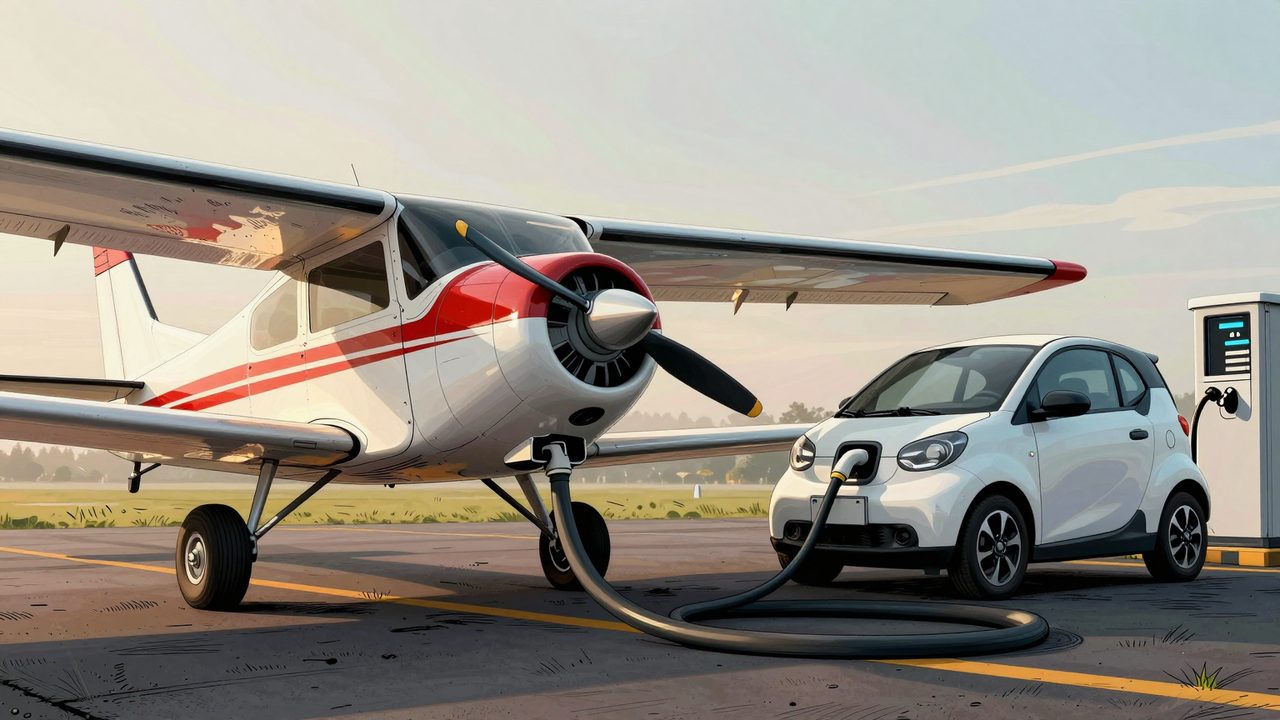 Ilustración de una avioneta eléctrica de hélice enchufada a un enorme cable de carga junto a un pequeño coche eléctrico cargando en la misma estación, en una pista al amanecer