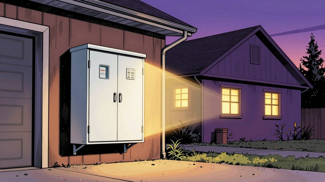 Ilustración de una casa dividida en dos escenas: por la tarde el sol carga una batería doméstica blanca y al anochecer esa batería ilumina todas las ventanas