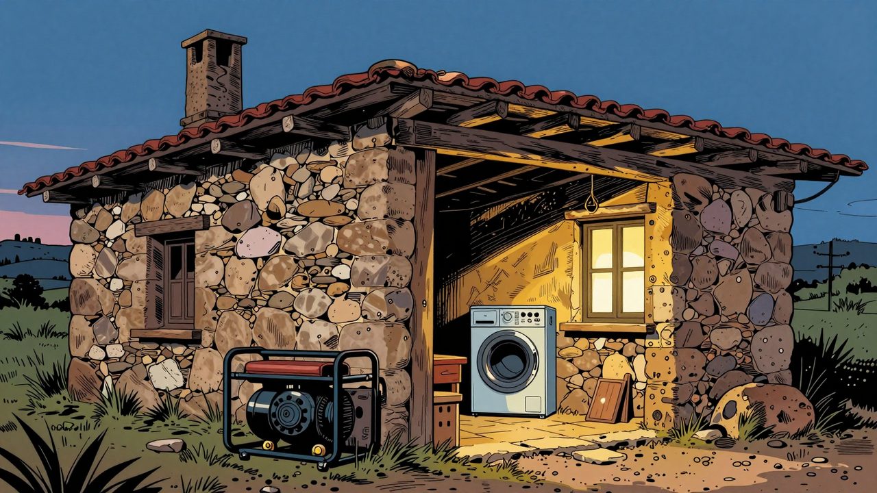 Ilustración de una casa de campo aislada con un inversor antiguo y un generador en un cobertizo, donde solo la nevera sigue encendida y la lavadora está apagada