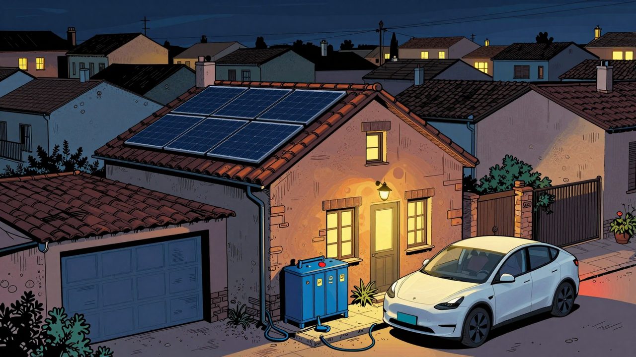 Ilustración de un barrio a oscuras durante un apagón en el que solo una casa con placas solares y batería sigue iluminada, con un coche eléctrico desenchufado aparcado al lado