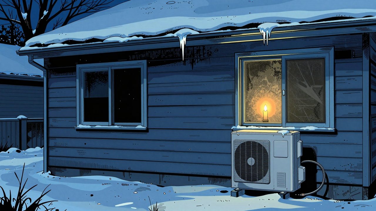 Ilustración de una casa nevada a oscuras al anochecer, con carámbanos colgando de una bomba de calor apagada y una vela tras la ventana helada