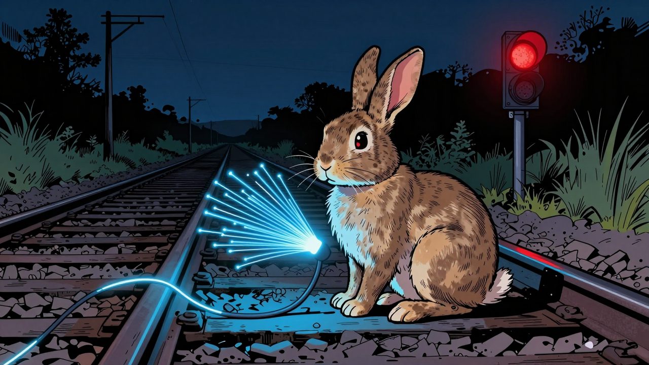 Ilustración de un conejo entre las vías de noche junto a un cable de fibra óptica que se ilumina y una señal roja al fondo