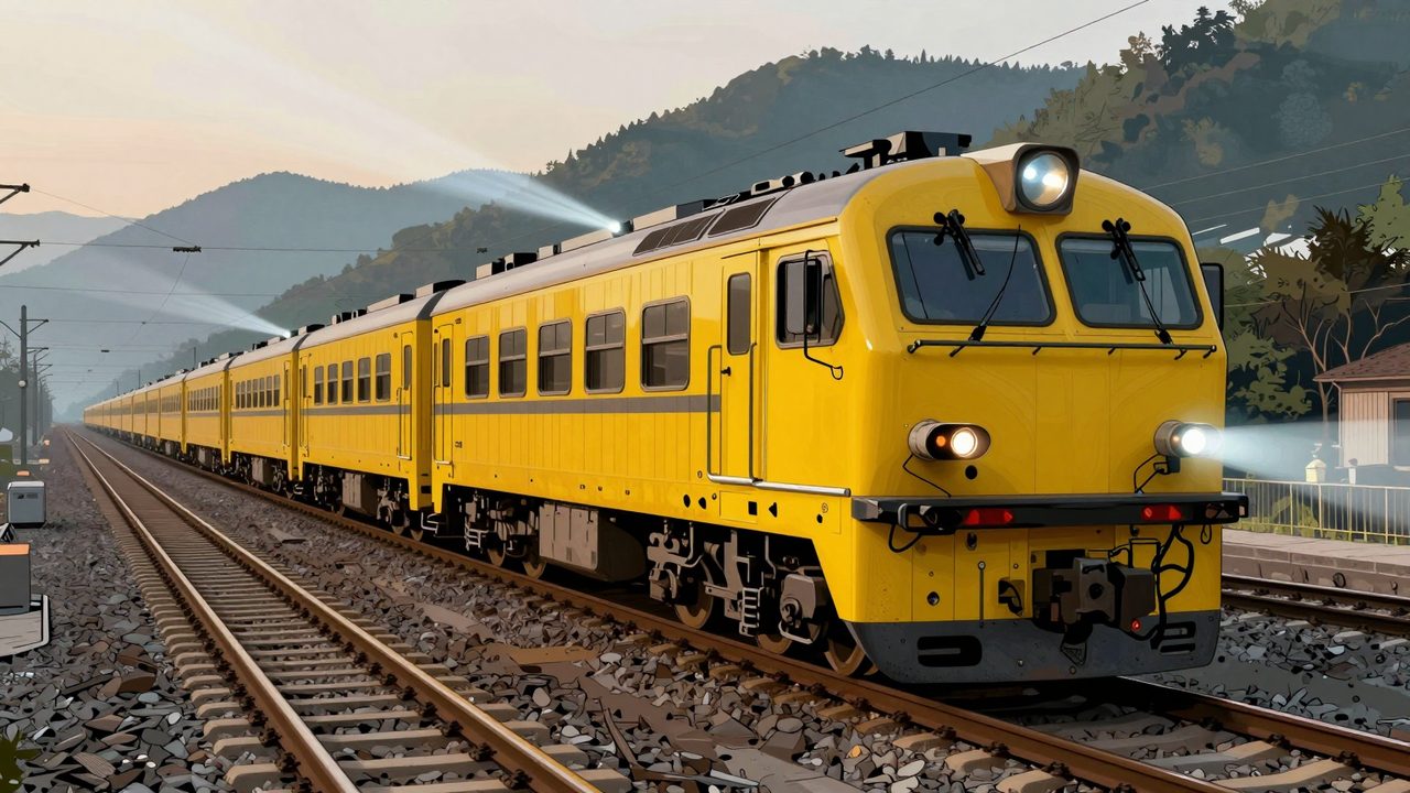 Ilustración de un tren auscultador amarillo escaneando los carriles con haces de luz al amanecer