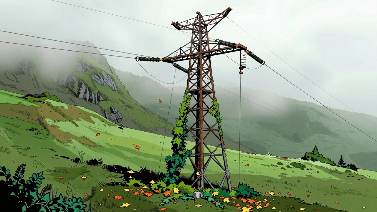 Ilustración de una torre de alta tensión a medio construir, cubierta de hiedra y musgo en una colina verde y brumosa