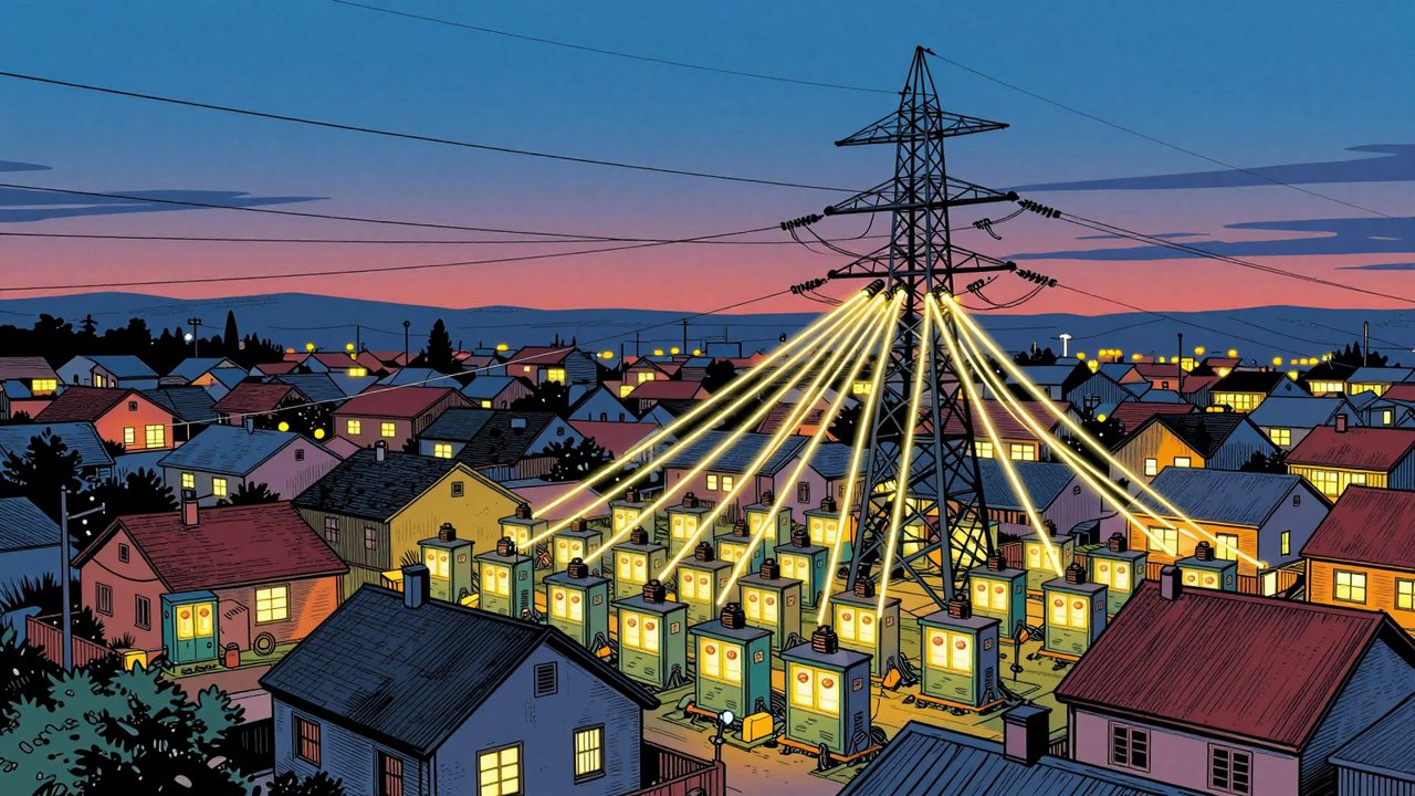 Ilustración de un pueblo al atardecer con baterías domésticas iluminadas en cada casa, unidas por líneas de luz que sostienen una gran torre eléctrica