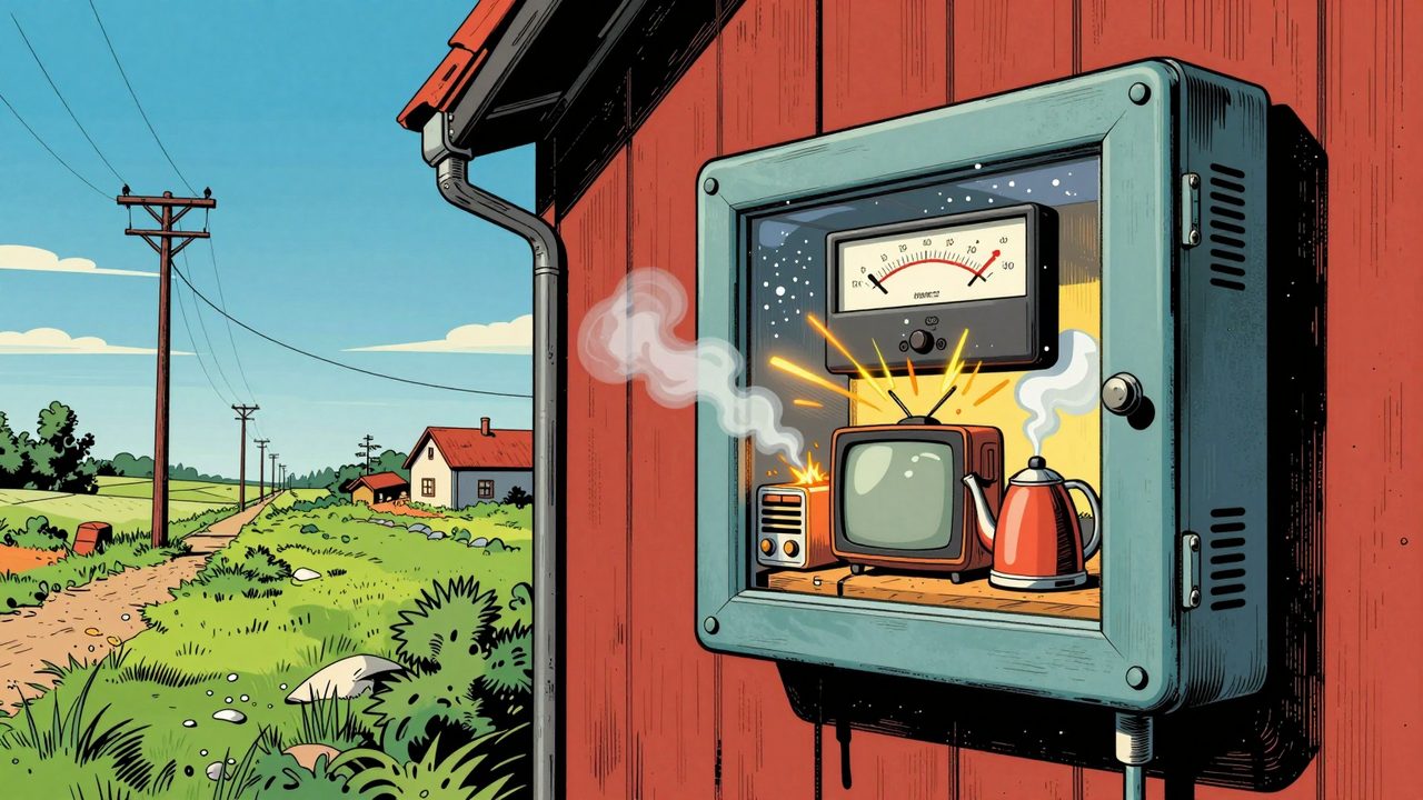 Ilustración de la última casa de una línea eléctrica rural con el inversor sobrecargado y los electrodomésticos echando chispas por la sobretensión