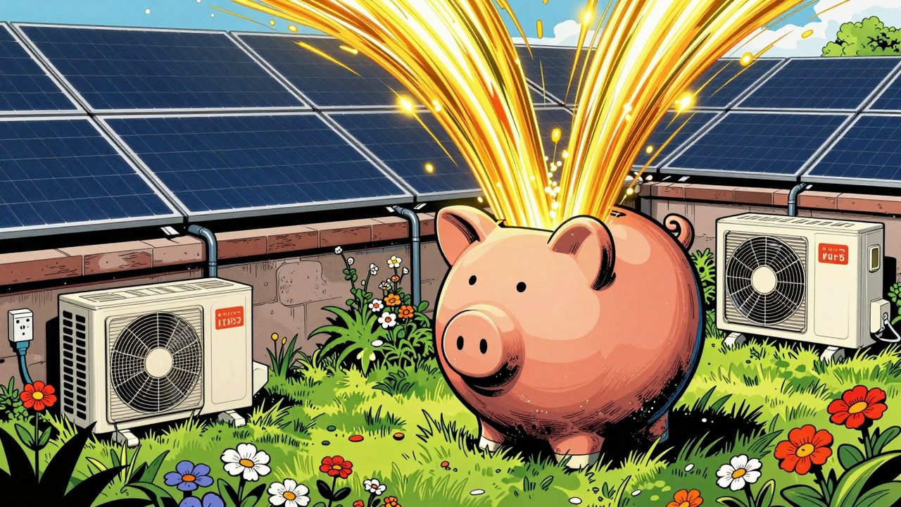 Ilustración de unos paneles solares en primavera de los que cae luz dorada como una cascada dentro de una enorme hucha de cerámica en el jardín