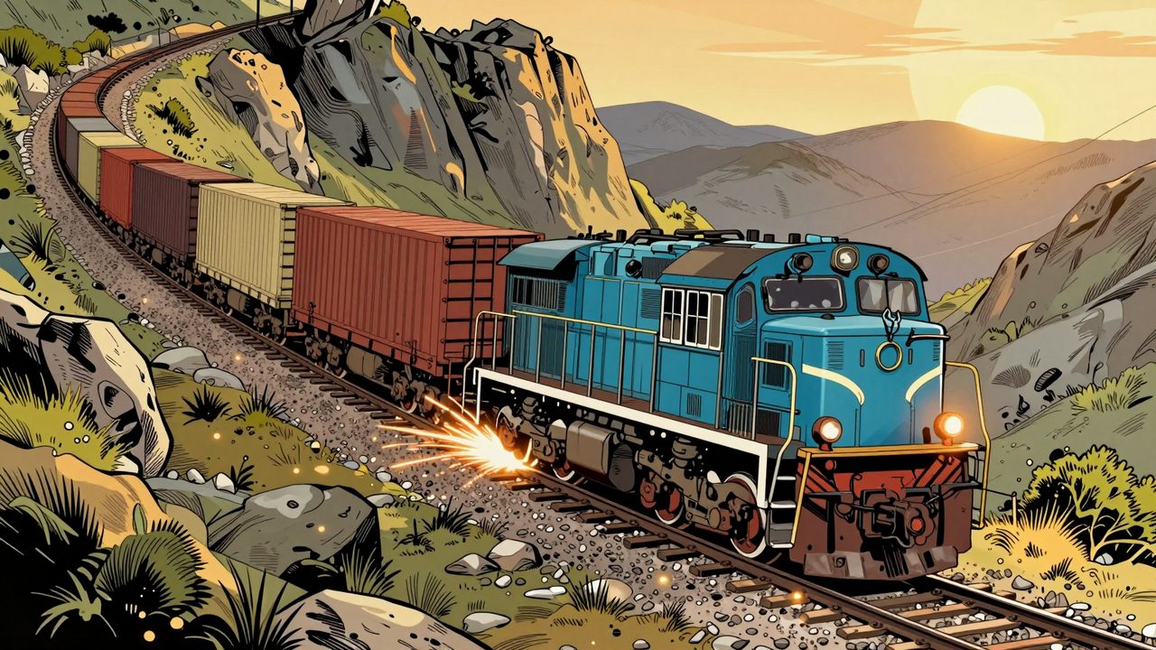 Ilustración de un largo tren de mercancías atascado al pie de una rampa ferroviaria empinadísima entre montañas, con la locomotora echando chispas