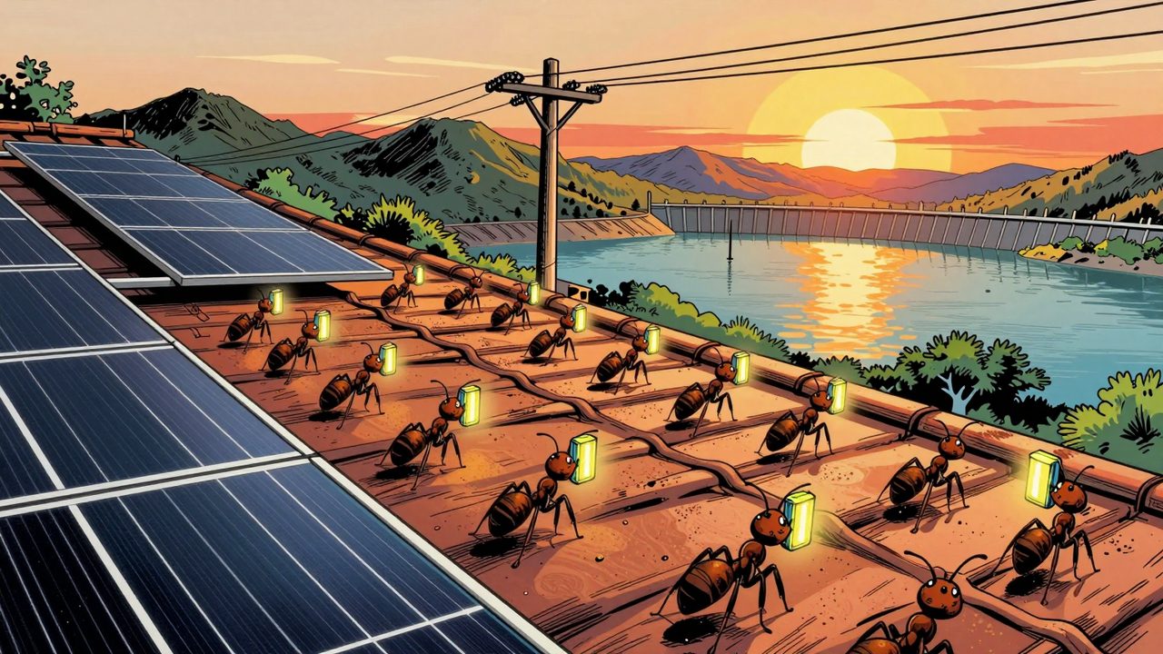 Ilustración de una fila de hormigas que cruza un tejado con placas solares. Cada una lleva una pequeña batería hacia un poste eléctrico, con un embalse de montaña al atardecer al fondo.
