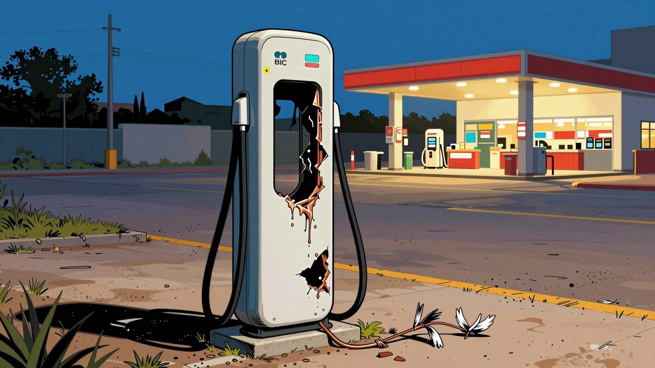 Ilustración de un cargador de coche eléctrico abandonado y saqueado, con una estación de servicio iluminada al fondo