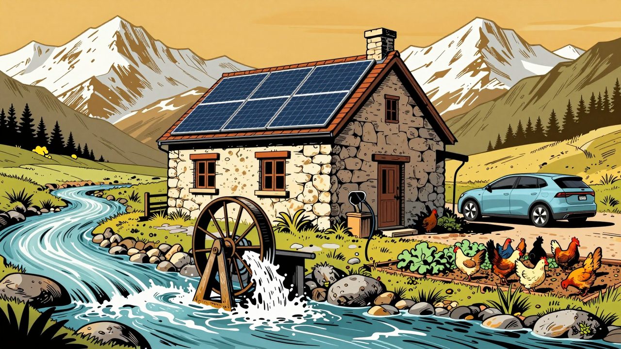 Ilustración de una casa de montaña autosuficiente junto a un río con turbina, placas solares, coche eléctrico, gallinas y huerto