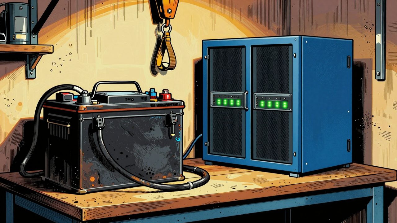 Ilustración de una batería de plomo y un armario de baterías de litio en un taller