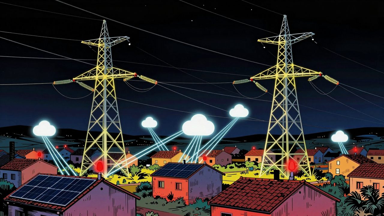 Ilustración nocturna de torres eléctricas y casas con placas conectadas a la nube